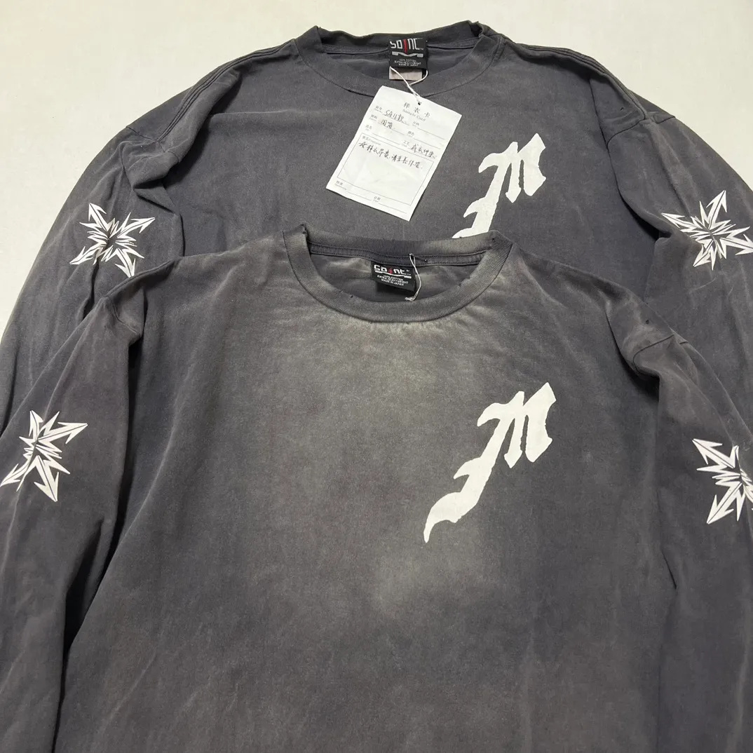 Large goods VS ZP SAINT Mxxxxxx M/AFTER LS_TEE/BLACK flame arrow letter M retro old long tee washed black S-XL
